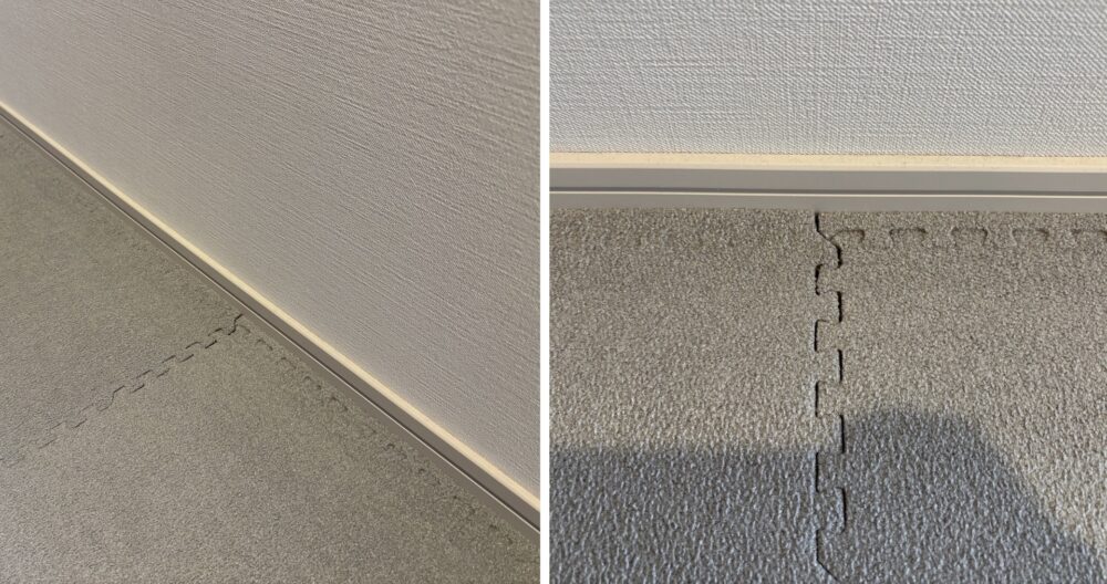 壁キワにジョイントマットのフチを取り付けている写真