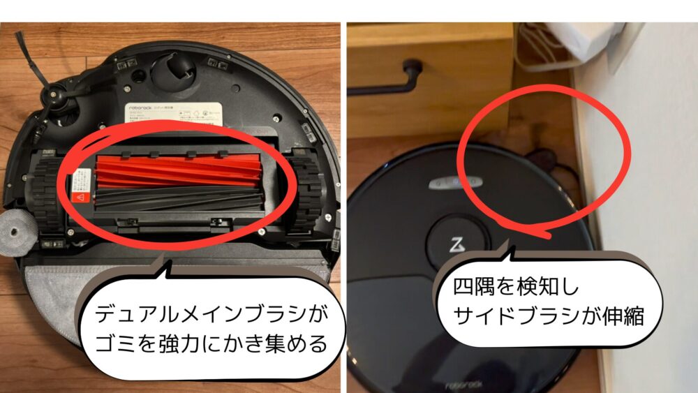 デュアルメインブラシ形状とサイドブラシ伸縮状況